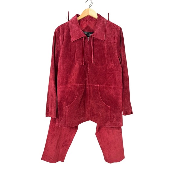 Terry Lewis Classic Luxuries Suede Leather Jacket Pants Set Red Women's L NWT - Picture 2 of 16